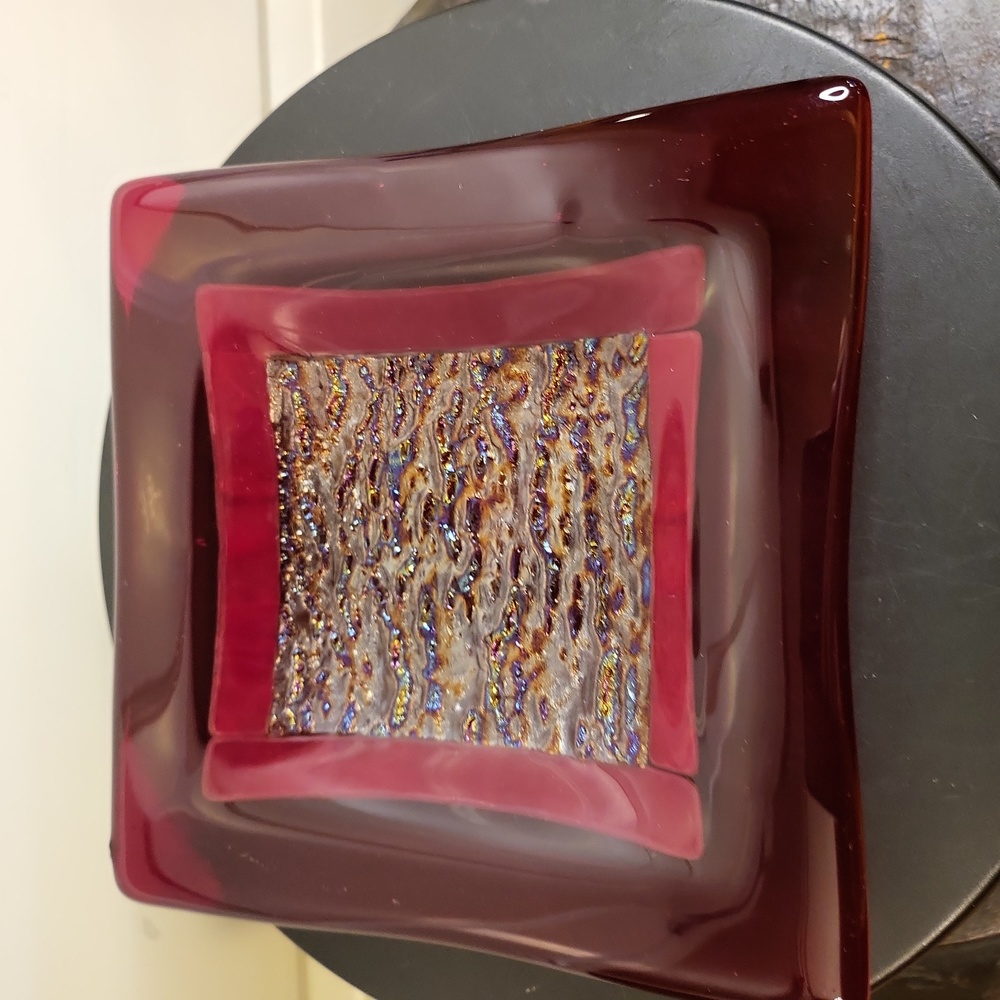Signed Cooney Slumped Dichroic Glass Red Trinket Dish Square Plate 6.5"